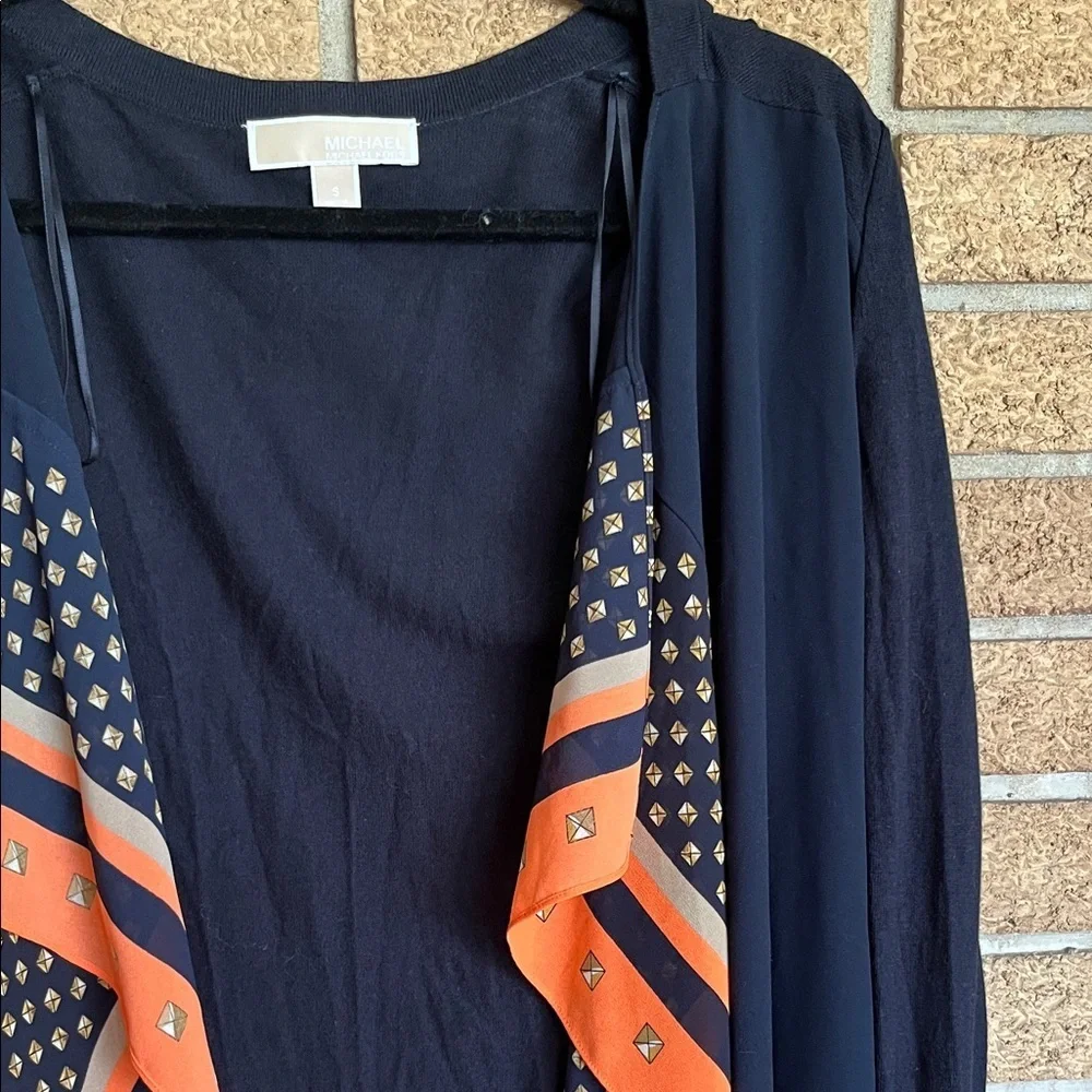 Michael Kors Navy Cardigan with Orange Patterned Trim